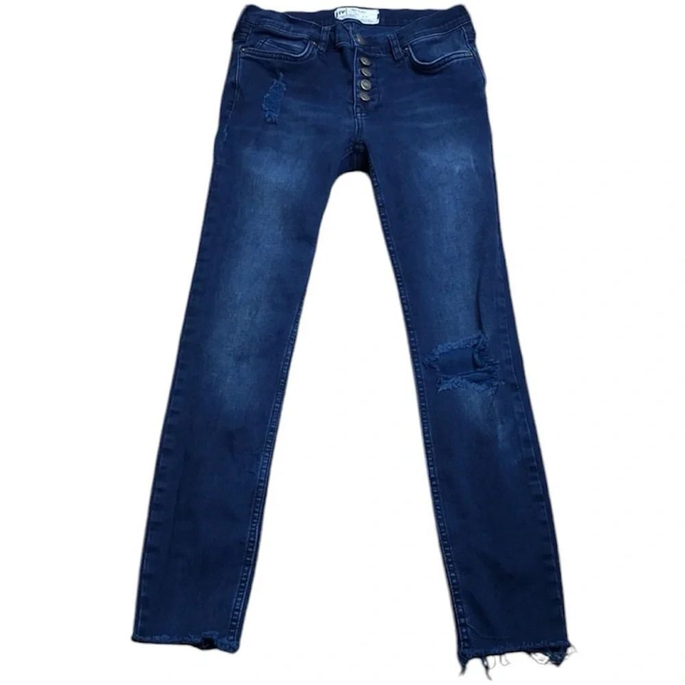 Free People Distressed Skinny Cropped Jeans Button Fly Raw Hem Dark Wash Size 26
